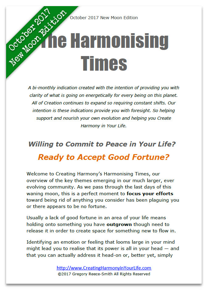 Harmonising Times Newsletter from Creating Harmony in Your Life October New Moon edition